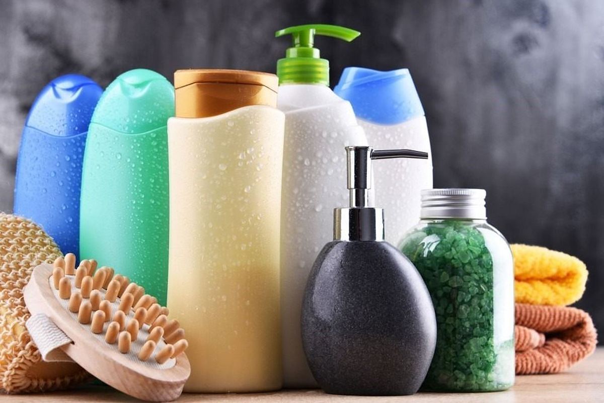 Personal care and cleaning product bottles with soap dispenser and bath accessories