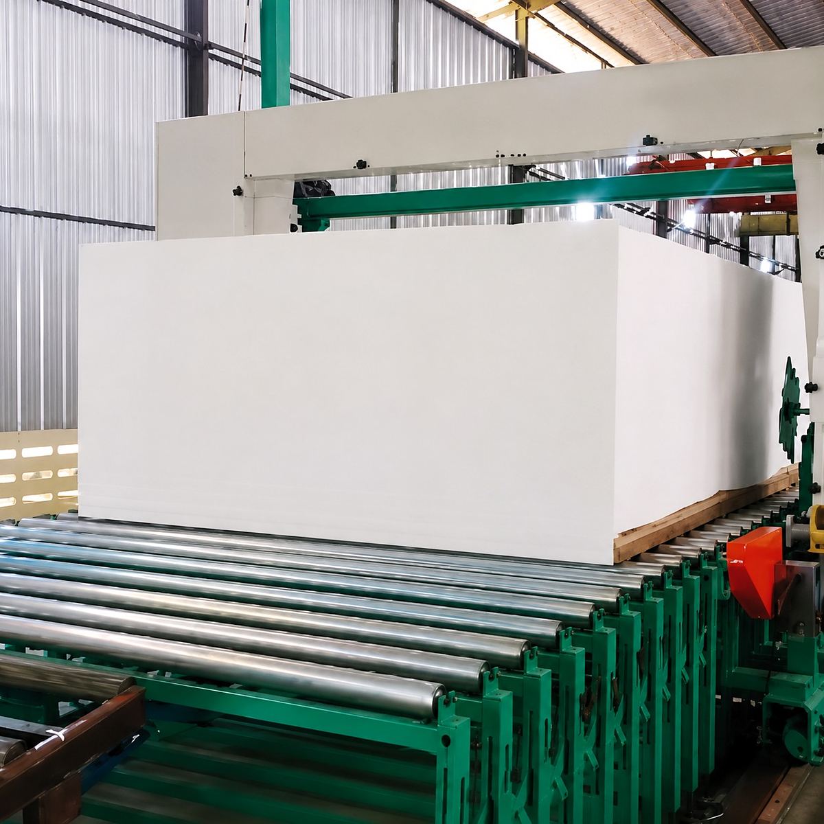 Large foam block on industrial production line