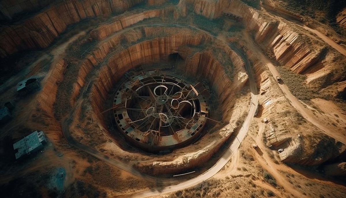 Aerial view of a deep open-pit mine with access roads spiralling down to machinery at the base