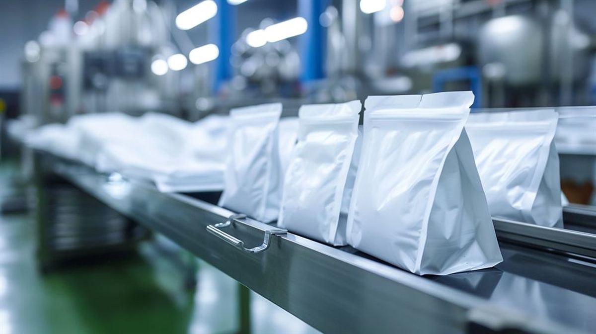 White stand-up pouches moving along a filling line in a packaging factory