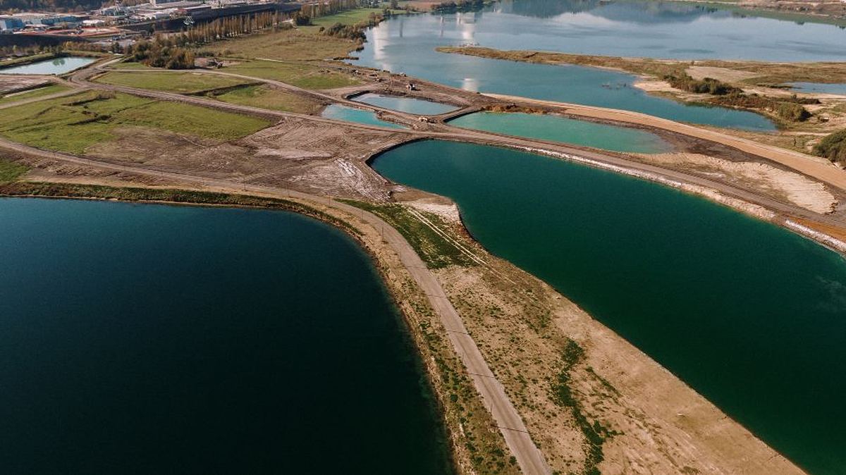 Aerial view of water treatment settling ponds and clarifier lagoons